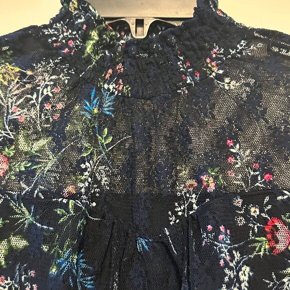 Black Sheer Floral Lace Top With Smocked Neck & Hem Short Puff Sleeves By Eyesha - Picture 7 of 7